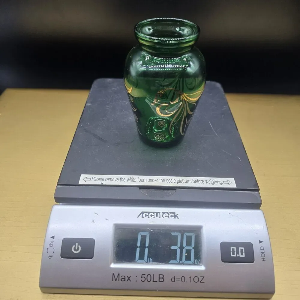 VTG Forest Green Depression Glass Vase Embellished w Gold Gilt Leaves 3.5
